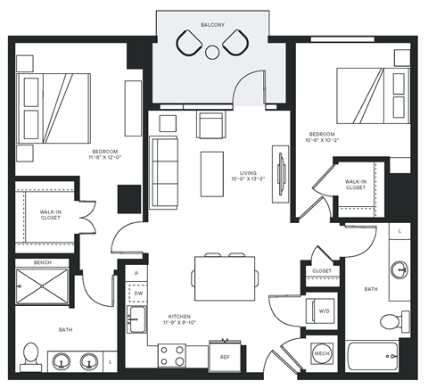 Floor plan for 2 beds, 2 baths, 1060 sqft